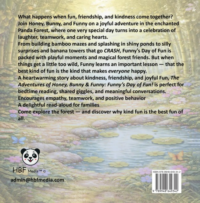 Back cover of Funny's Day of Fun book with story description and themes